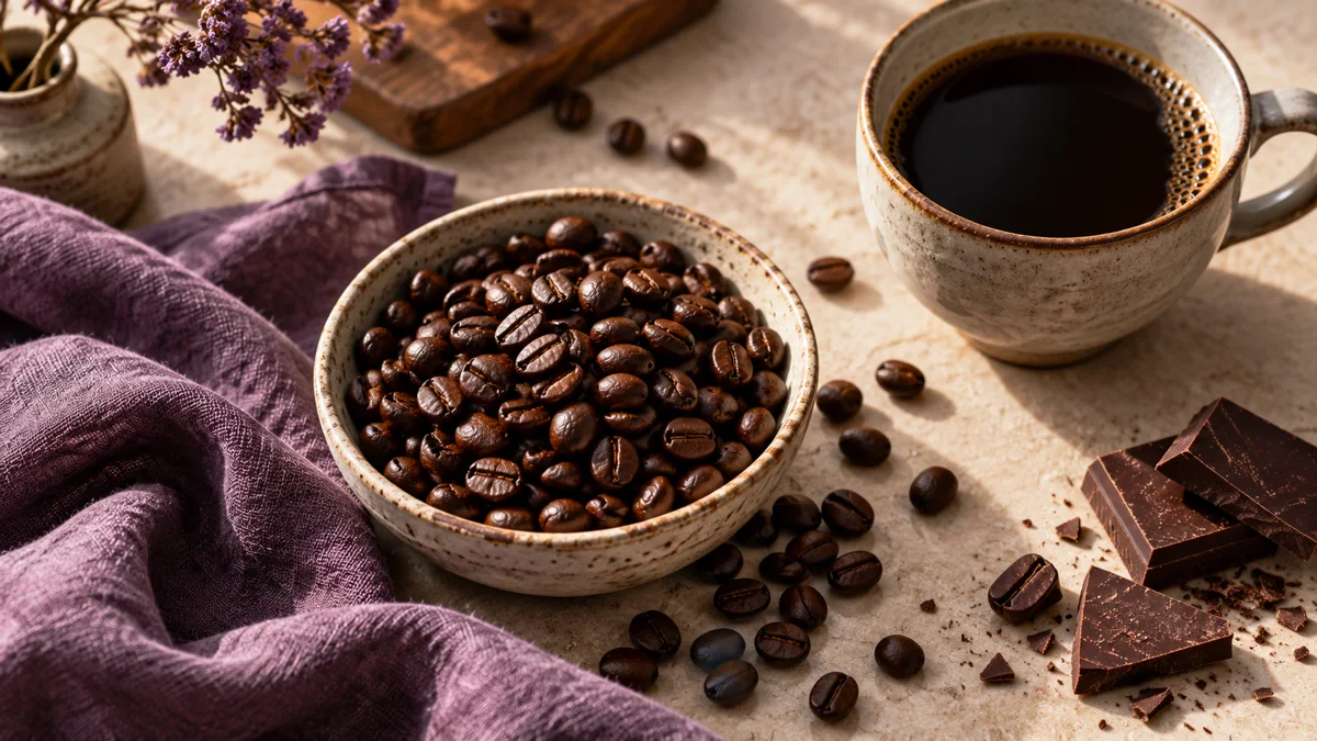 Dark roasted coffee beans beside black coffee and dark chocolate on a cream tabletop
